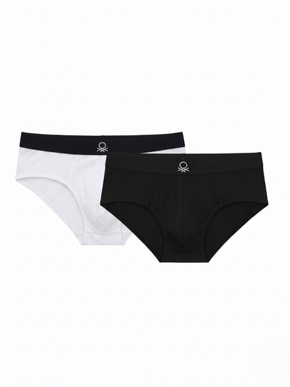 Benetton Men’s Cotton Elastane Brief 01C3096ula06i Pack of 2 | 93% Cotton 7% Elastane Stretch Underwear White Black