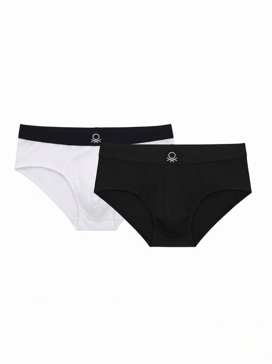 Benetton Men’s Cotton Elastane Brief 01C3096ula06i Pack of 2 | 93% Cotton 7% Elastane Stretch Underwear White Black