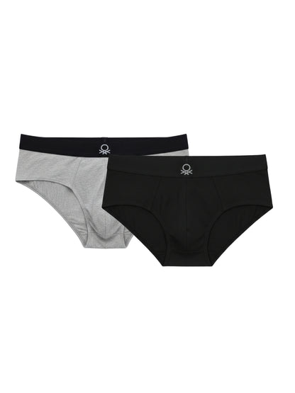 Benetton Men’s Cotton Elastane Brief 01C3096ula06i Pack of 2 | 93% Cotton 7% Elastane Stretch Underwear Grey Melange Black