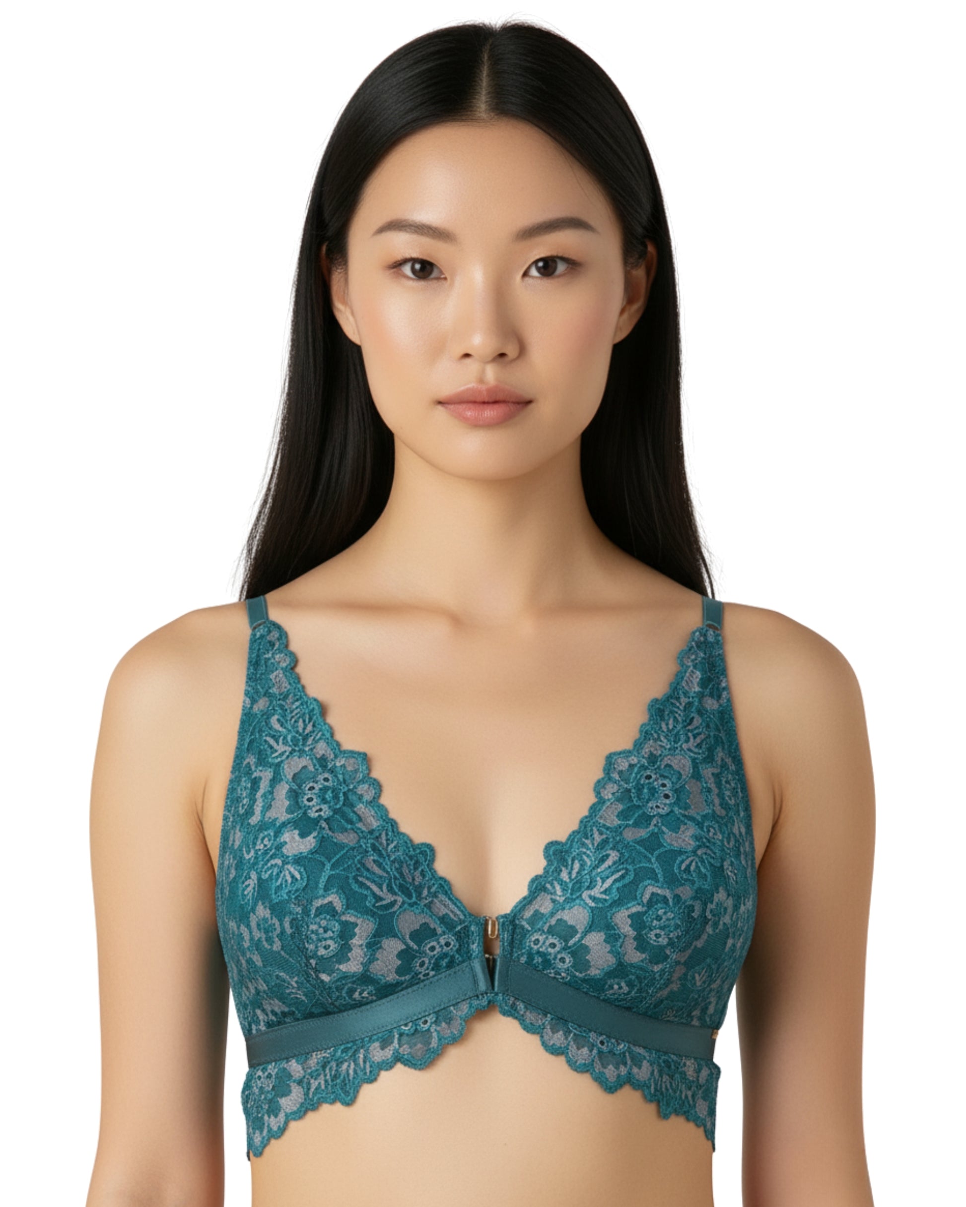 amante Femme Lace Bra | Lacy Padded Non-Wired Front Open Bralette for Women | BRA06001 Green Heron