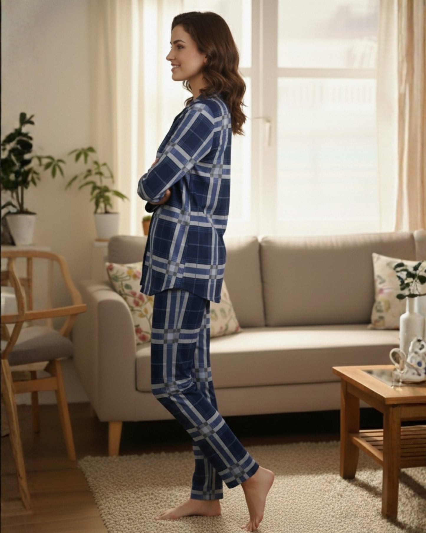 Vieviana Front Open Full Sleeves Nightwear | Soft Cotton Button-Down Night Suit | EV17104 Maroon Checks