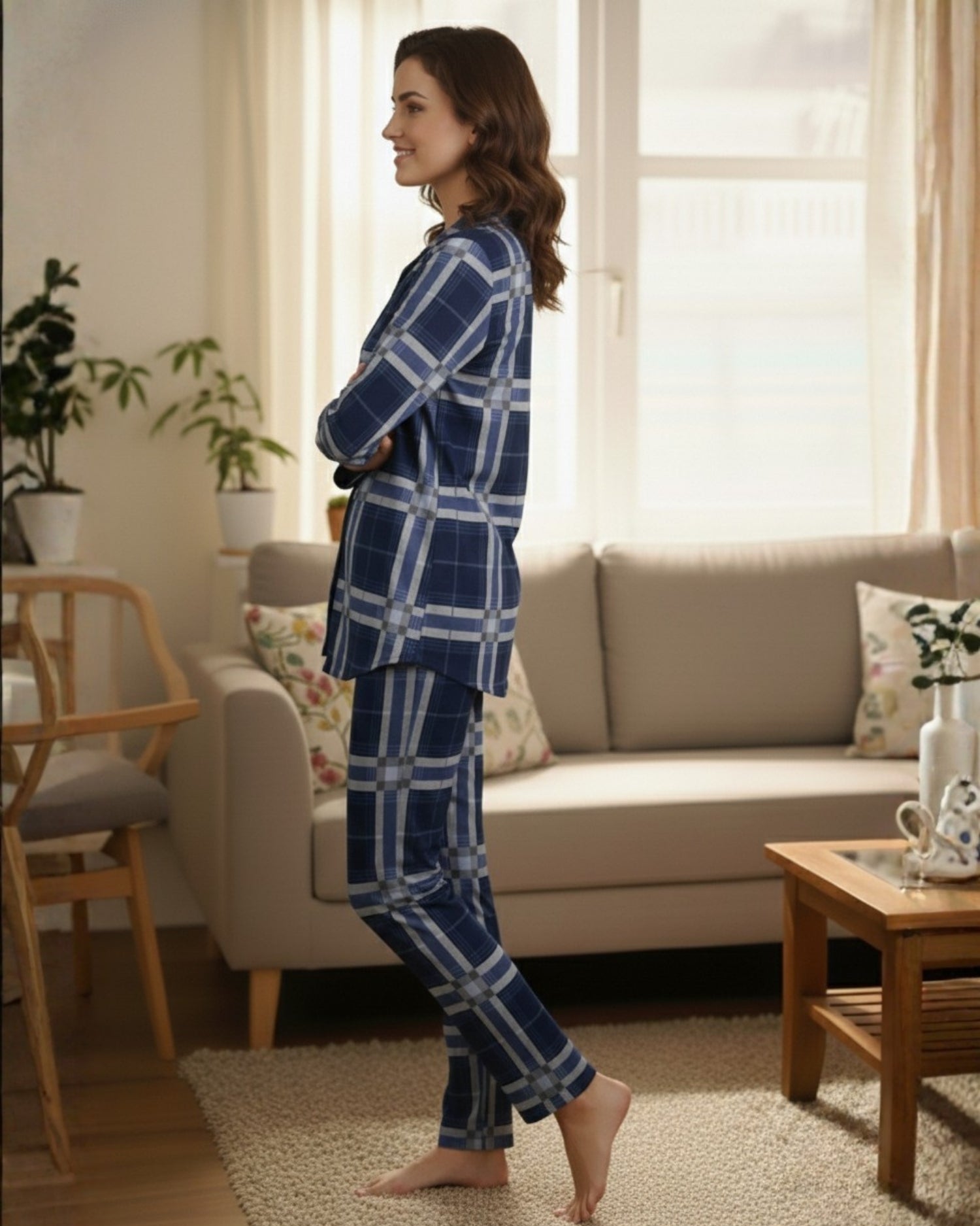Vieviana Front Open Full Sleeves Nightwear | Soft Cotton Button-Down Night Suit | EV17104 Maroon Checks
