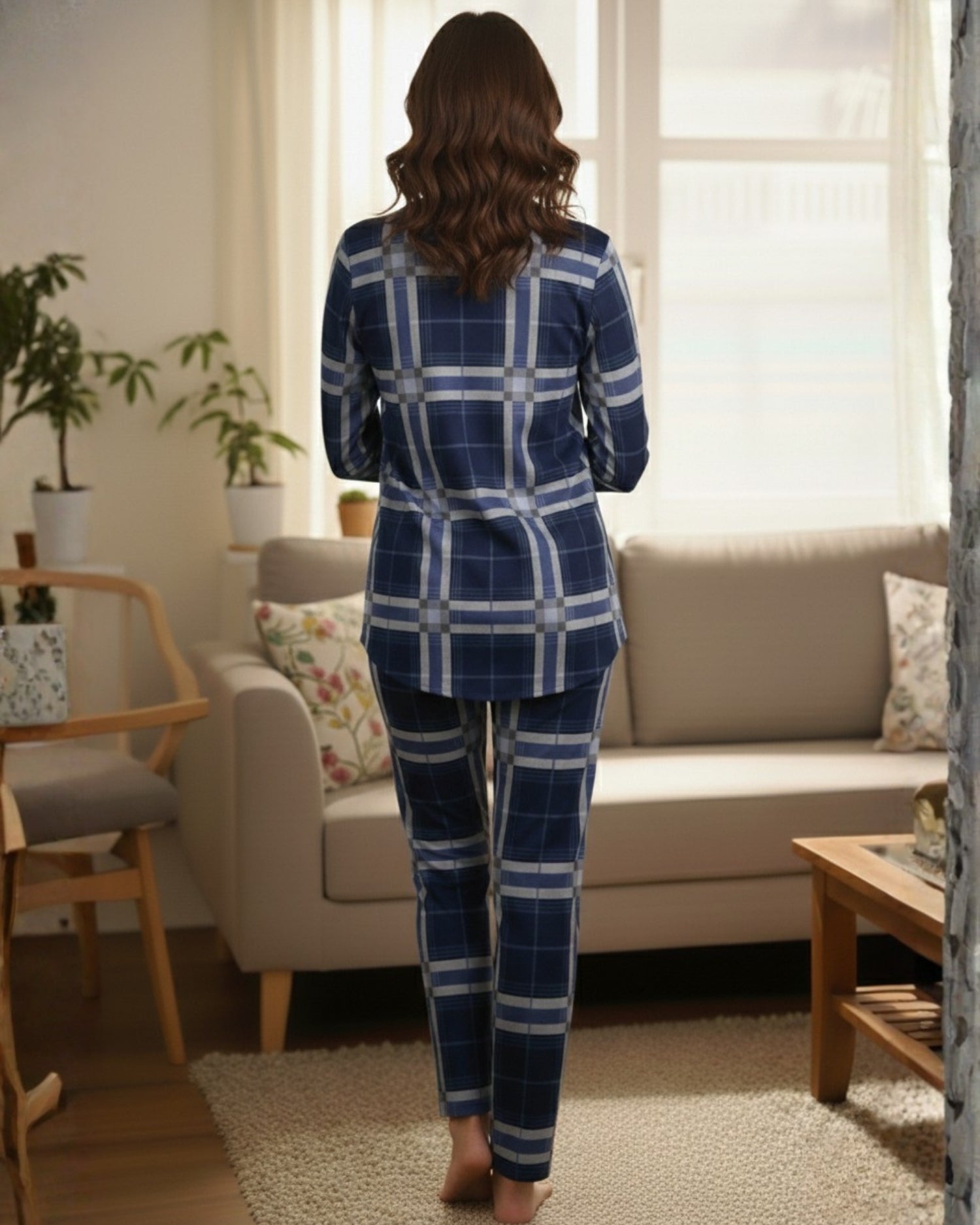 Vieviana Front Open Full Sleeves Nightwear | Soft Cotton Button-Down Night Suit | EV17104 Maroon Checks