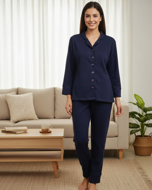 Vieviana Women’s Front Open Nightwear | Full Sleeves Button-Down Nighty | EV5006 Blue