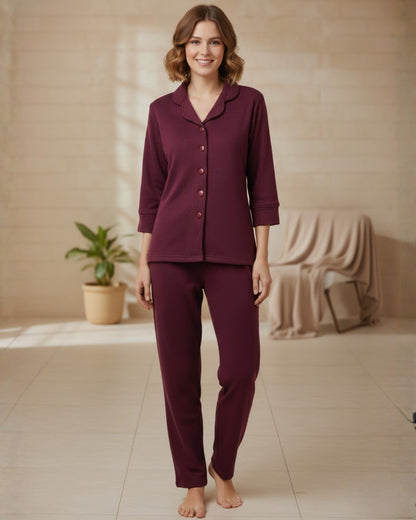 Vieviana Women’s Front Open Nightwear | Full Sleeves Button-Down Nighty | EV5006 Maroon