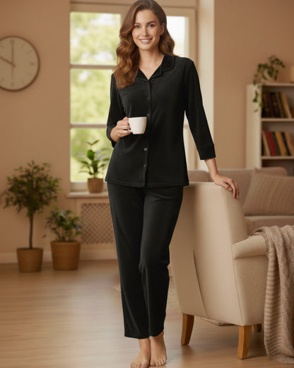 Vieviana Front Open Full Sleeves Nightwear for Women | Soft Cotton Comfort Night Suit | EV5007 Onion Pink