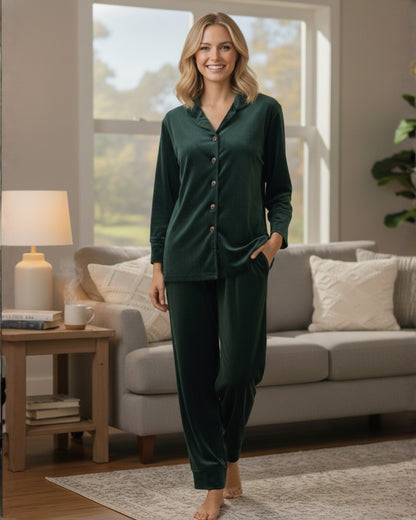 Vieviana Front Open Full Sleeves Nightwear for Women | Soft Cotton Comfort Night Suit | EV5007 Black