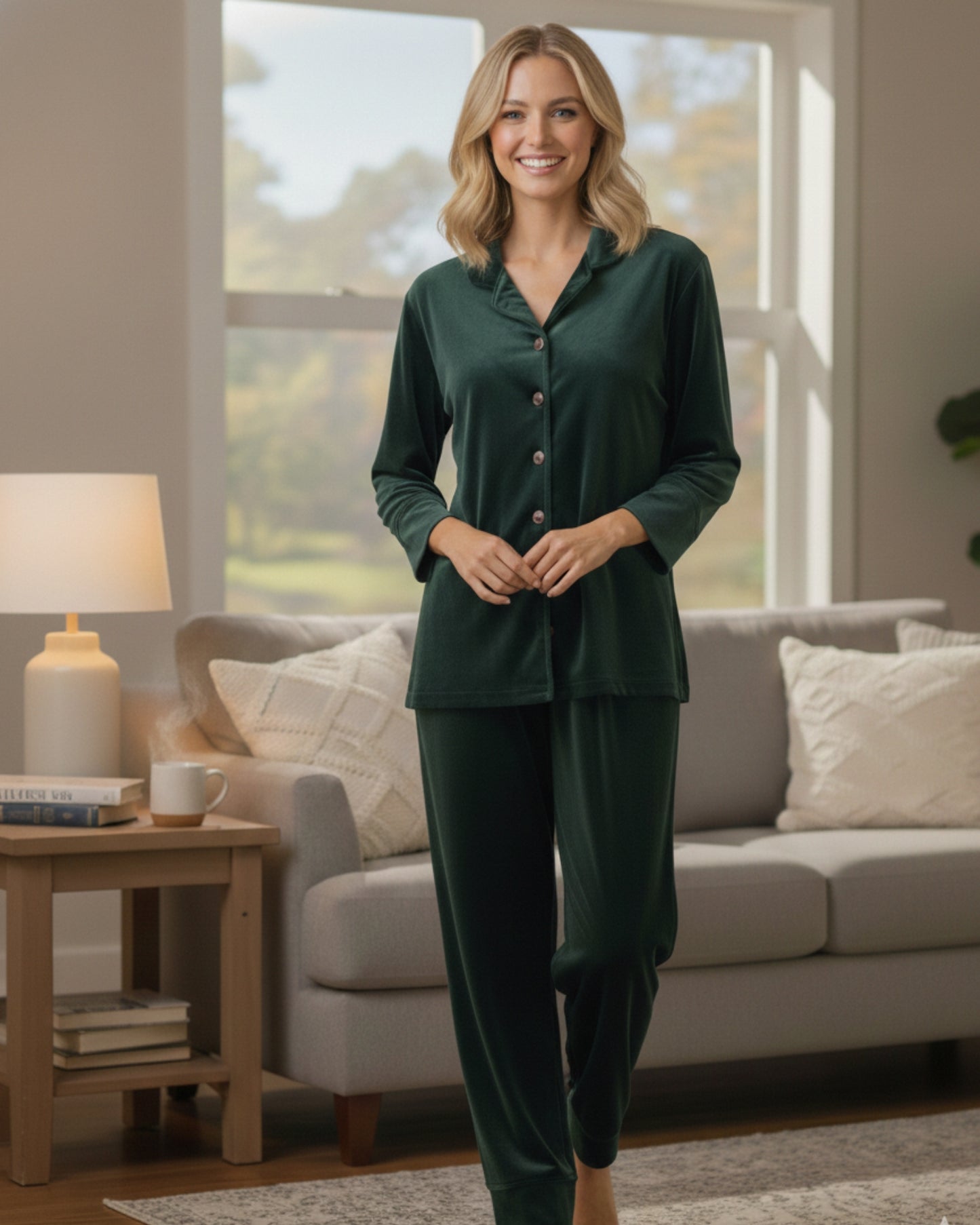 Vieviana Front Open Full Sleeves Nightwear for Women | Soft Cotton Comfort Night Suit | EV5007 Bottle Green