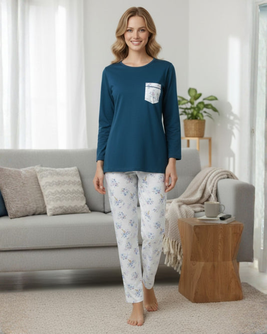 Fablush Womens Pj Set Full Sleeves Nightwear | 100 % Cotton | Fb14118 Blue White Print
