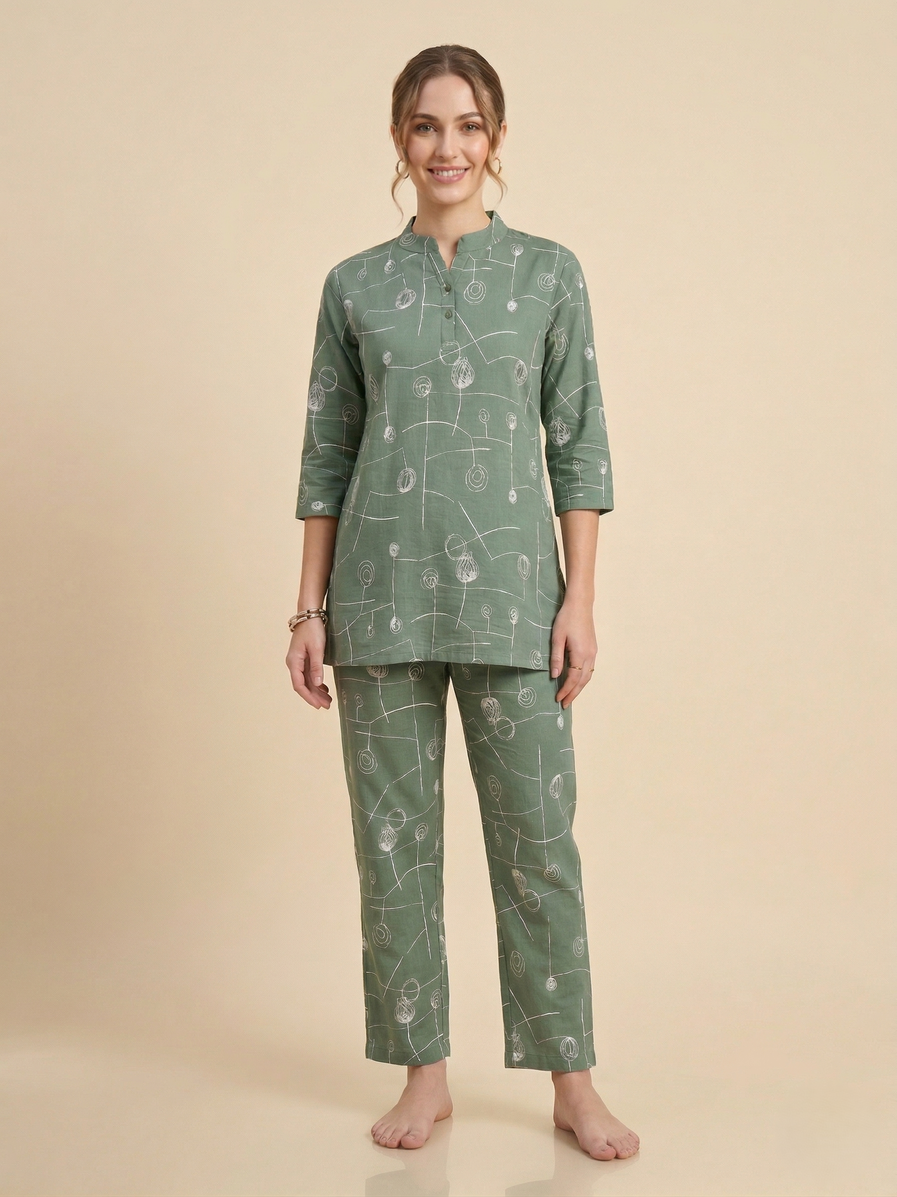 Fablush Women’s Cotton Rich Co-Ord Set | Soft Comfortable Lounge Wear Set | FB15016 Green