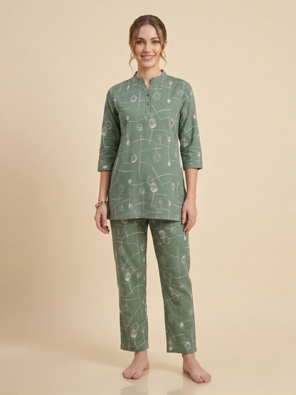 Fablush Women’s Cotton Rich Co-Ord Set | Soft Comfortable Lounge Wear Set | FB15016 Green