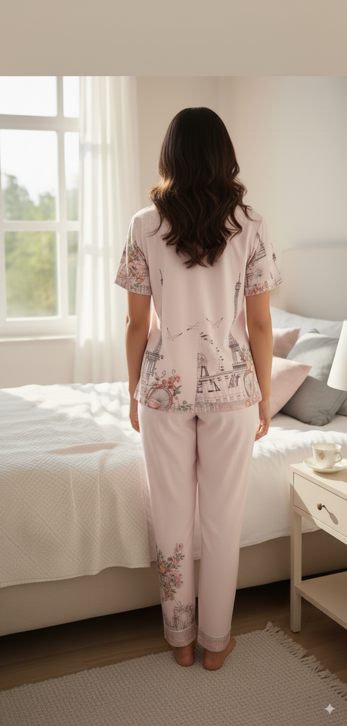 Fablush Women’s Front Open Nightsuit | Rayon Nightwear Set with Notch Collar, Half Sleeves & Flared Pants | Fb17023