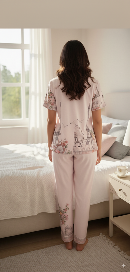 Fablush Women’s Front Open Nightsuit | Rayon Nightwear Set with Notch Collar, Half Sleeves & Flared Pants | Fb17023