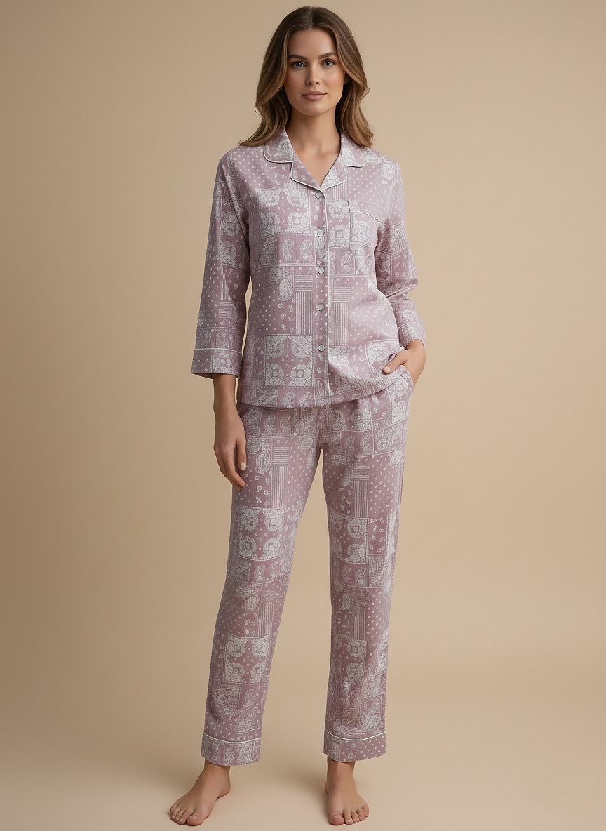 Fablush Women’s 100% Cotton Front Open Nightsuit | Soft Breathable Nightwear Set | FB17027 Dusty Rose