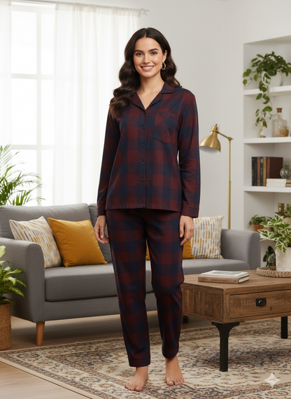 Fablush Women’s Front Open Full Sleeves Nightsuit Set | 100% Cotton | Fb17119