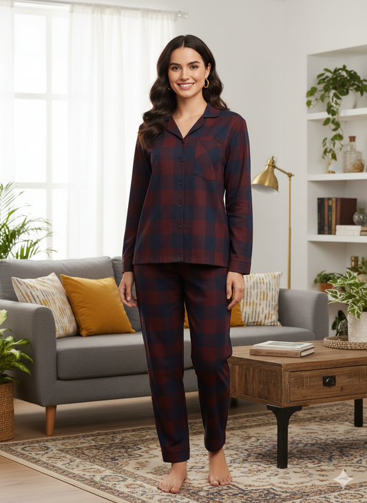 Fablush Women’s Front Open Full Sleeves Nightsuit Set | 100% Cotton | Fb17119