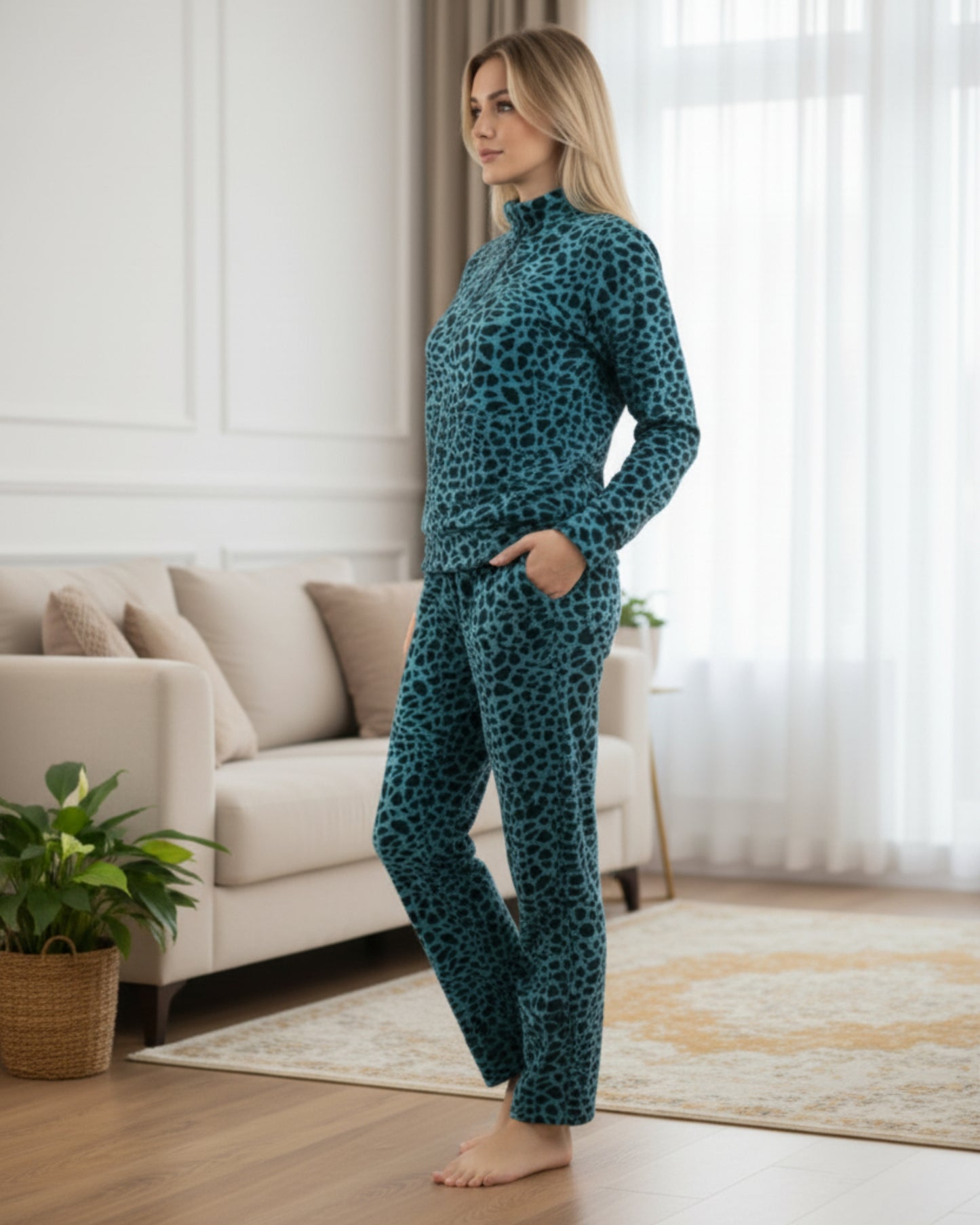 Fablush Women’s Tracksuit Nightwear | Luxe Velour Hi Neck Half Zipper Set | FB30006