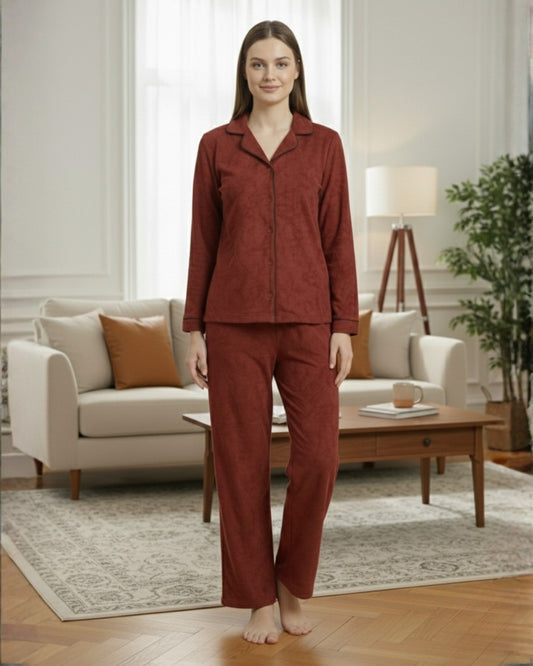 Fablush Front Open Full Sleeves Nightsuit Women's Nightwear Set | Fb37001 Maroon