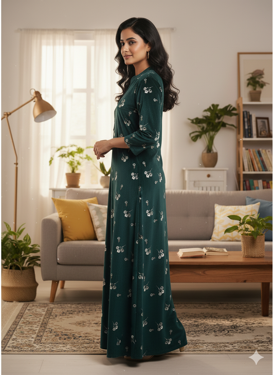 Fablush Women’s Nighty Full Sleeves | Nightwear | Velour | Fb38002 Green