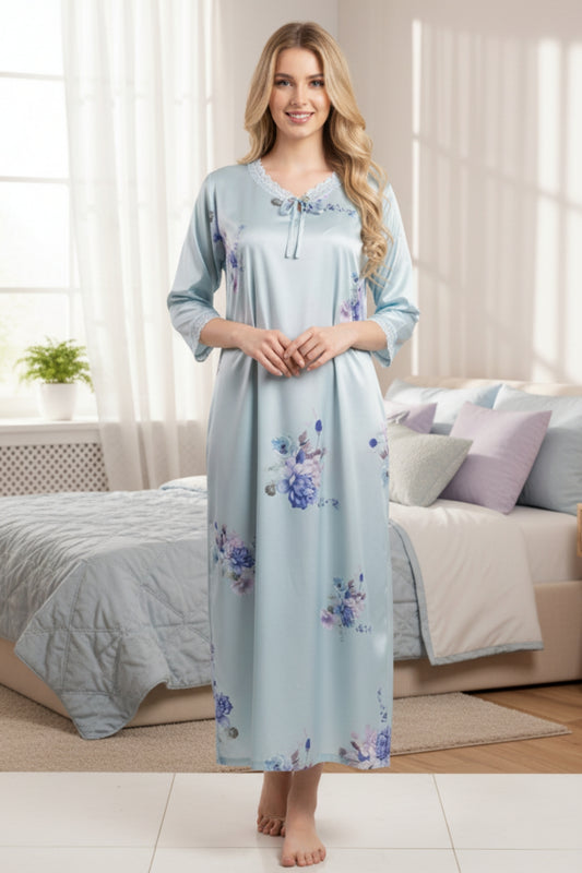 Fablush Women’s Satin Full Sleeves Nighty | Elegant Bridal Nightwear | FB517