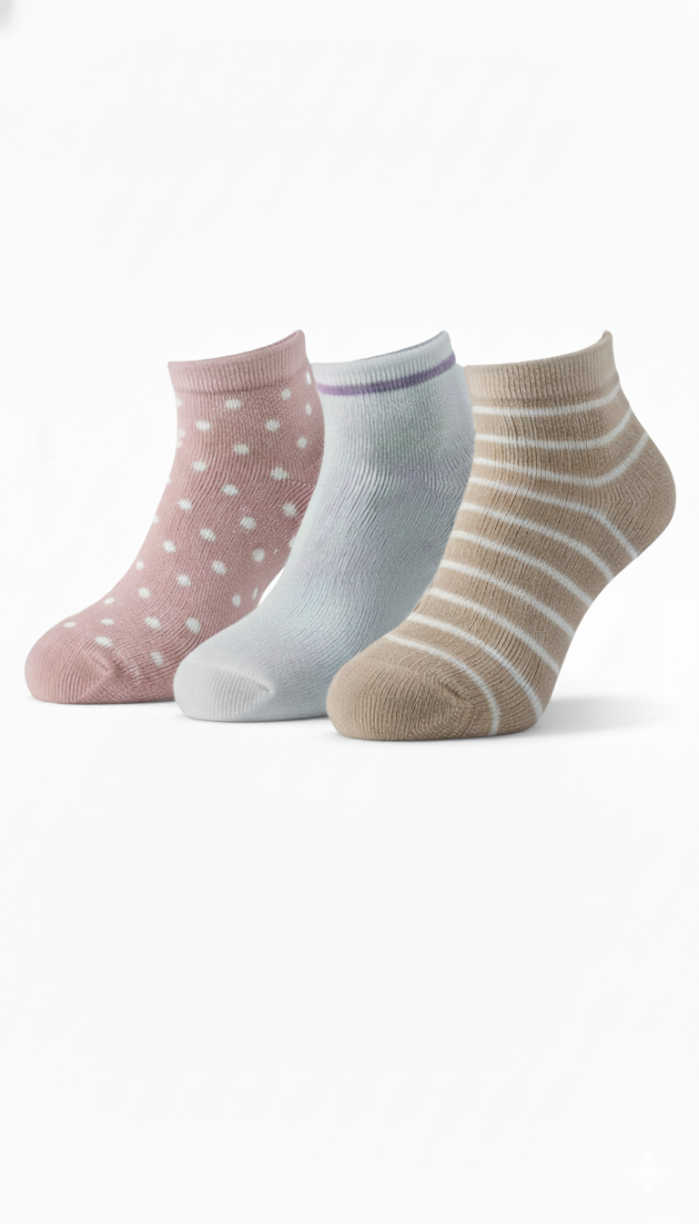 Fablush Women’s Ankle Socks | Pack of 3 | Non Terry Cotton | Mix Color | FBWSAK