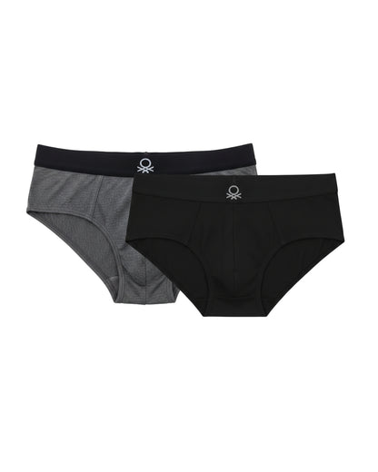 Benetton Men’s Cotton Elastane Brief 01C3096ula06i Pack of 2 | 93% Cotton 7% Elastane Stretch Underwear Drak Grey Melange Black