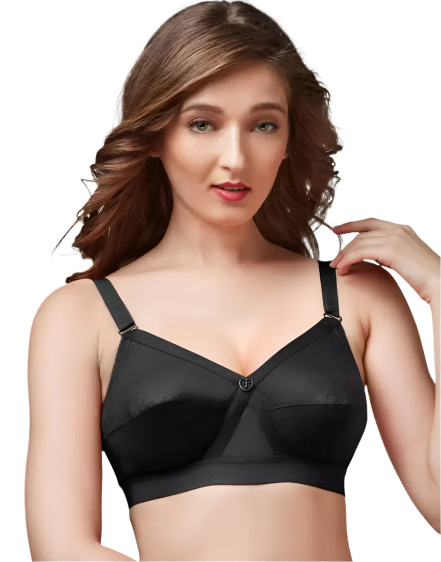 Trylo Krutika Plain Women’s Cotton Bra | Non-Padded Full Coverage Bra | Soft Breathable Daily Wear Comfort Black